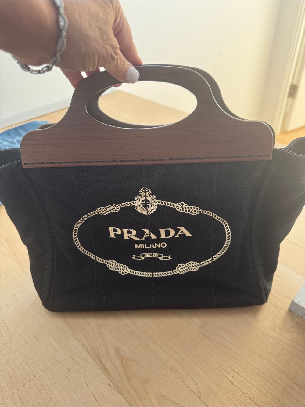 Prada Black Canvas Tote with Wooden Top Handles